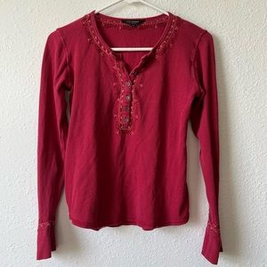 Vintage Lucky Brand burgundy red thermal Henley shirt with embroidered details